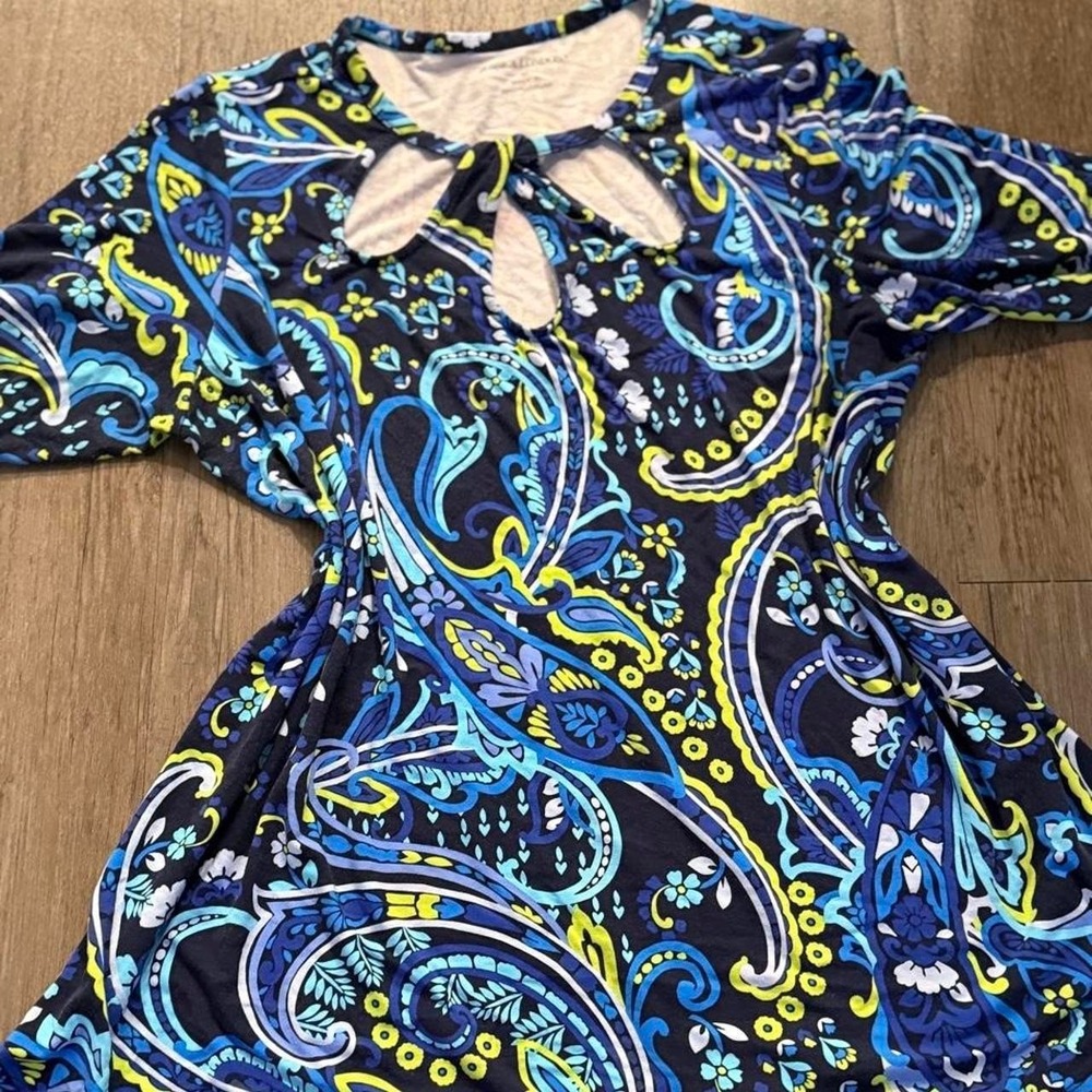 Vintage y2k 2000s Boho blue and yellow paisley print tunic with keyhole neckline